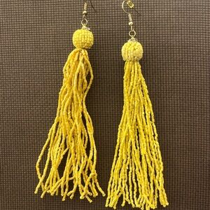 VTG Mariachi Yellow Beaded Tassel Drop Earrings 5” Long